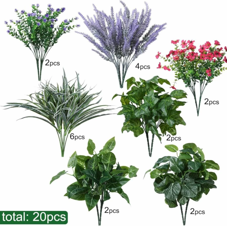 Starttag 20Pcs UV Resistant Artificial Outdoor Plants - Realistic Faux Greenery & Flowers with Stems for Garden, Patio, Porch Decor
