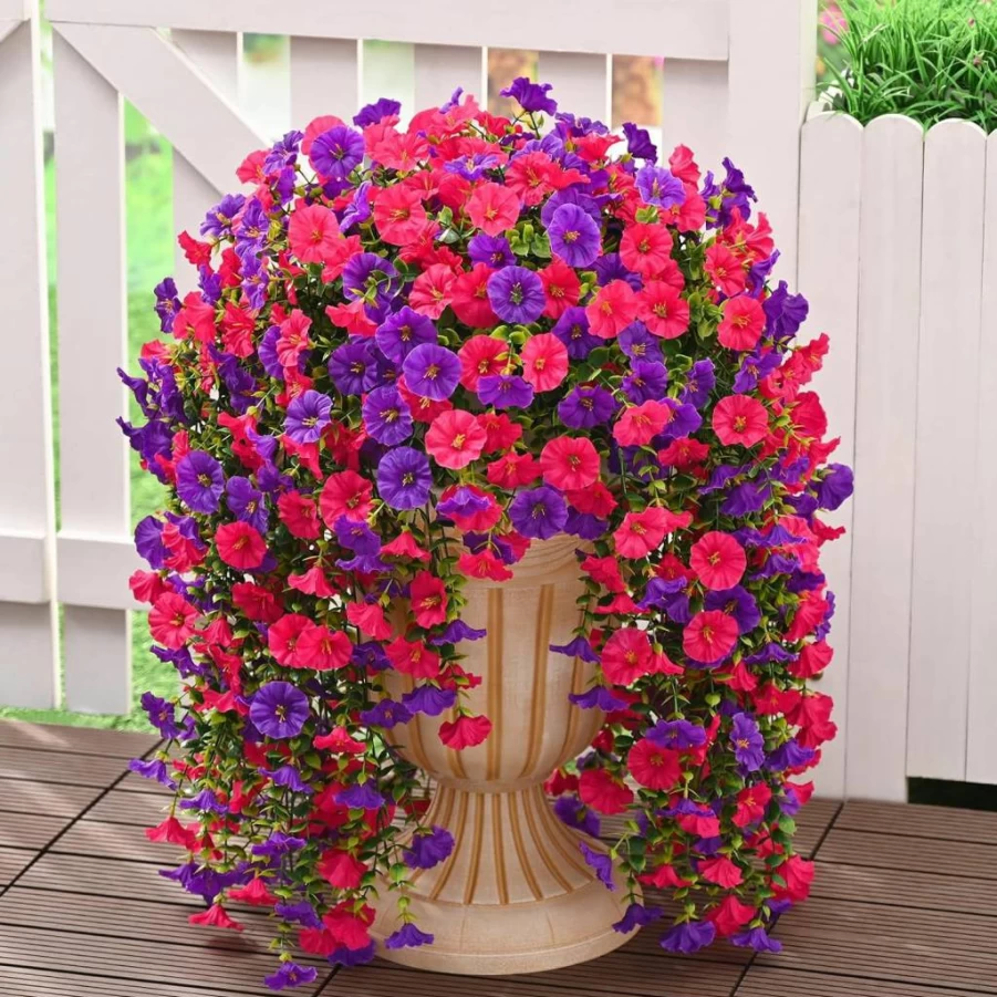 Dolicer 2 Pack UV Resistant Artificial Hanging Flowers - Realistic Silk Petunia Faux Flowers for Porch, Patio, Outdoors (Purple + Fuchsia)