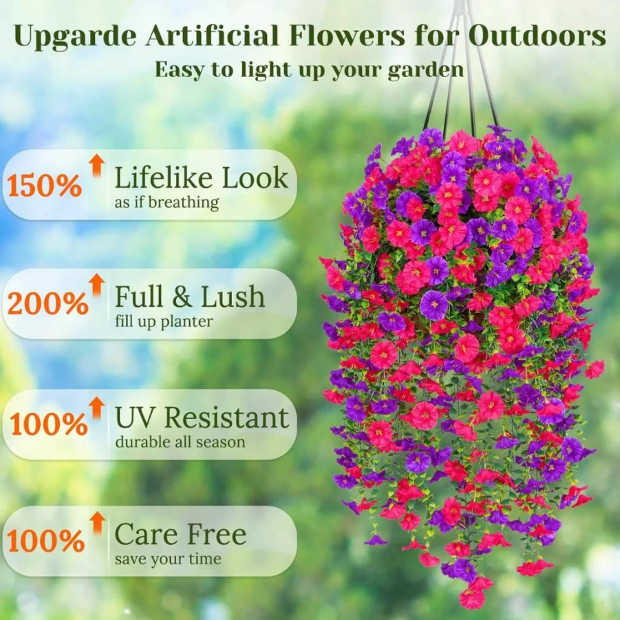 Dolicer 2 Pack UV Resistant Artificial Hanging Flowers - Realistic Silk Petunia Faux Flowers for Porch, Patio, Outdoors (Purple + Fuchsia)