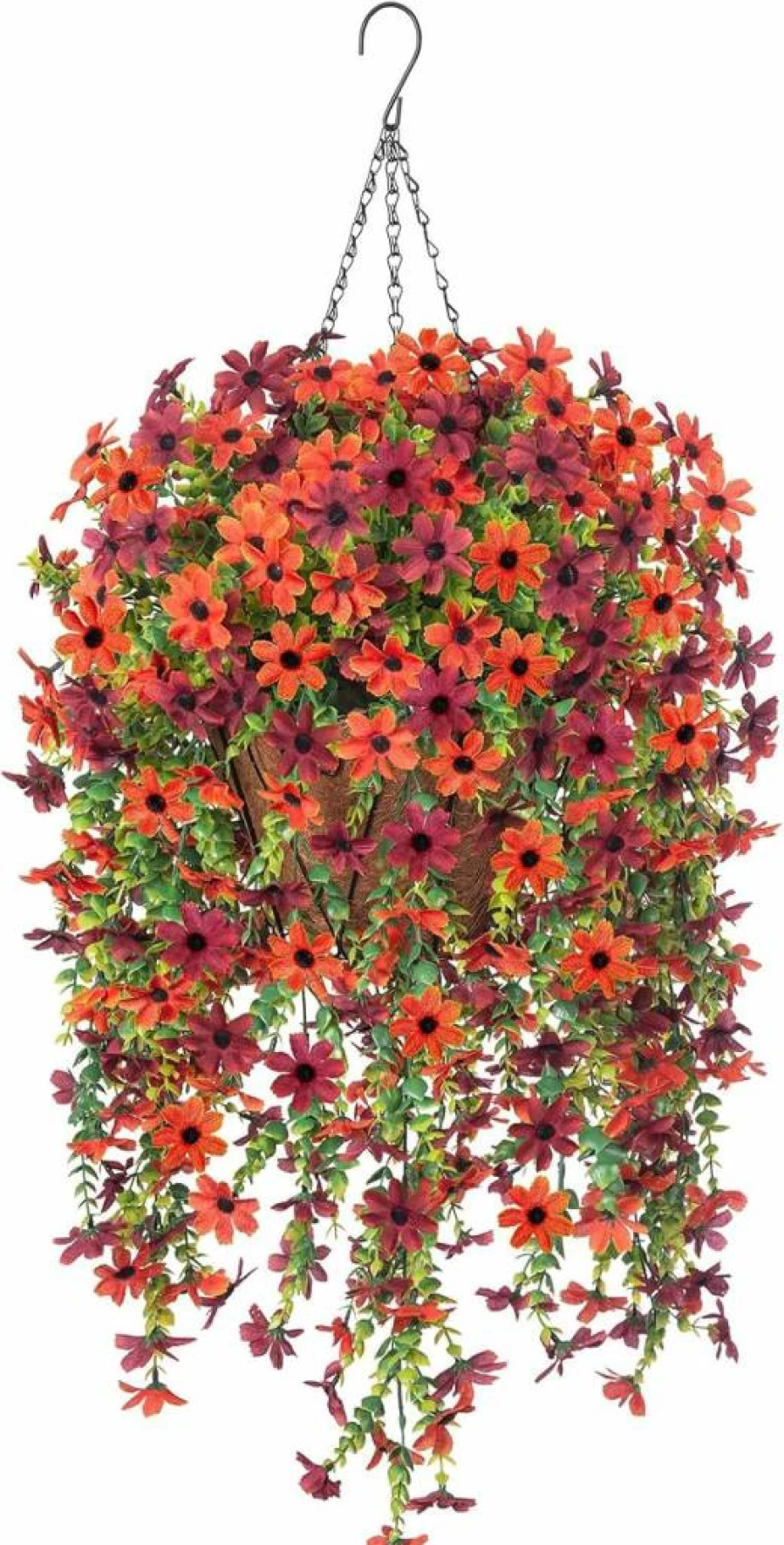 INXUGAO Artificial Hanging Daisy Flowers in Basket - Faux Silk Outdoor Indoor Decor, Farmhouse Garden Planter Boxwood, No Fade Plastic Shrubs (Red Brown)