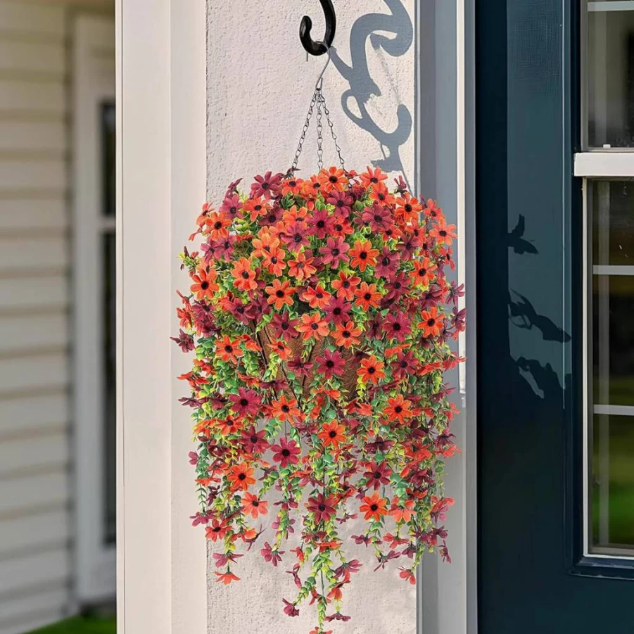 INXUGAO Artificial Hanging Daisy Flowers in Basket - Faux Silk Outdoor Indoor Decor, Farmhouse Garden Planter Boxwood, No Fade Plastic Shrubs (Red Brown)