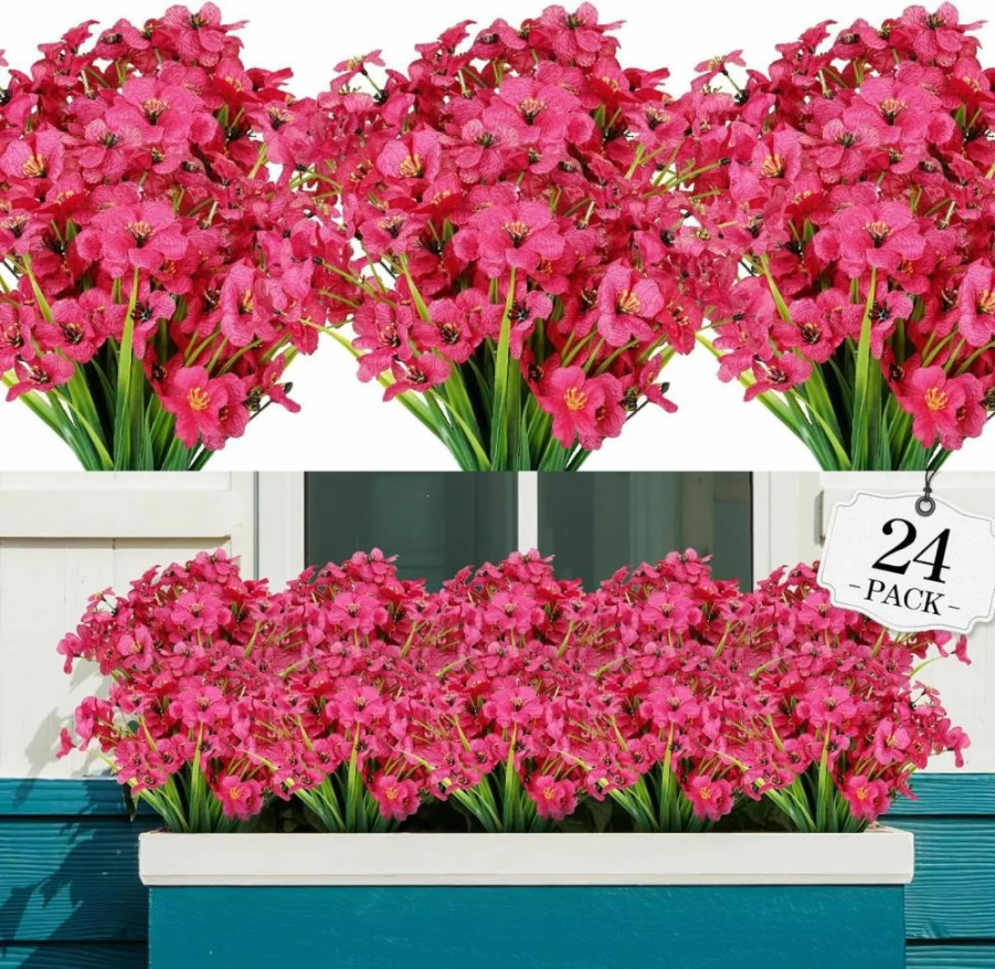 AGIRL 24 Bundles Artificial Flowers Outdoor, Fade-Resistant Fake Plastic Plants for Hanging Planters, Indoor Outside Garden Porch Window Box Decor, Home Wedding Farmhouse