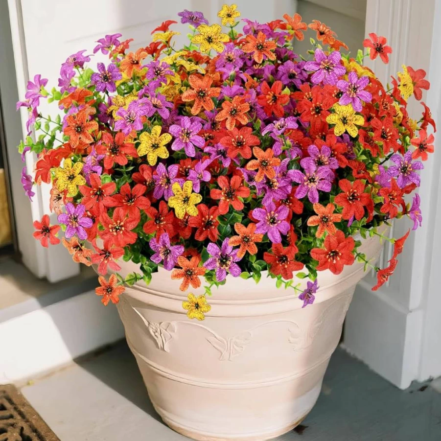 Hommyea 12 Bundles UV Resistant Artificial Silk Flowers for Outdoor Decor, Faux Plants for Spring Summer Porch, Patio, Yard, and Home Planter, Multicolor Fade Proof Fake Flowers