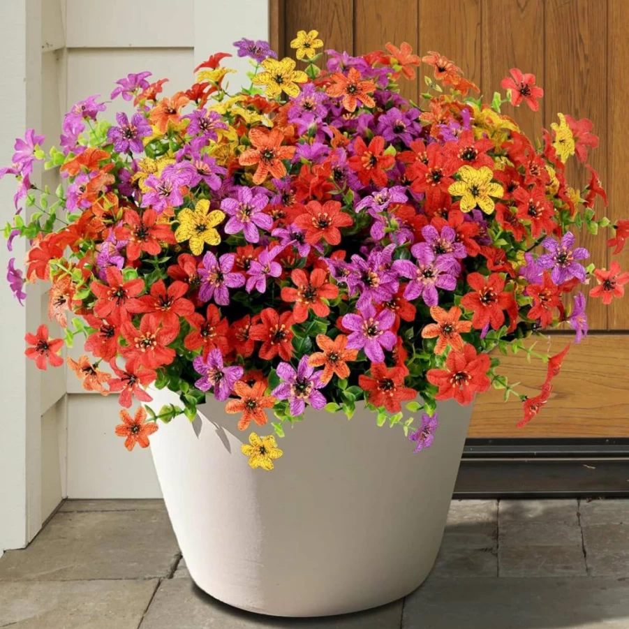 Hommyea 12 Bundles UV Resistant Artificial Silk Flowers for Outdoor Decor, Faux Plants for Spring Summer Porch, Patio, Yard, and Home Planter, Multicolor Fade Proof Fake Flowers