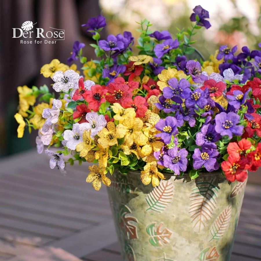 Der Rose 12 Bundles UV Resistant Artificial Flowers Outdoor Fake Daisy Plants for Spring Home Garden Porch Decoration Silk Colorful Decor