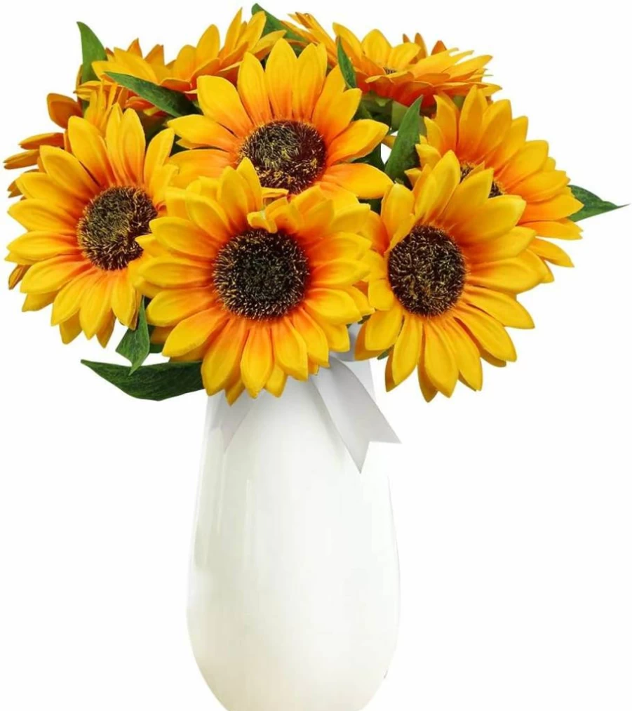 Olrla 10Pcs Artificial Sunflowers - Faux Silk Yellow Flowers for Wedding Bouquets, Floral Arrangements, Table Centerpieces, Home & Office Decor