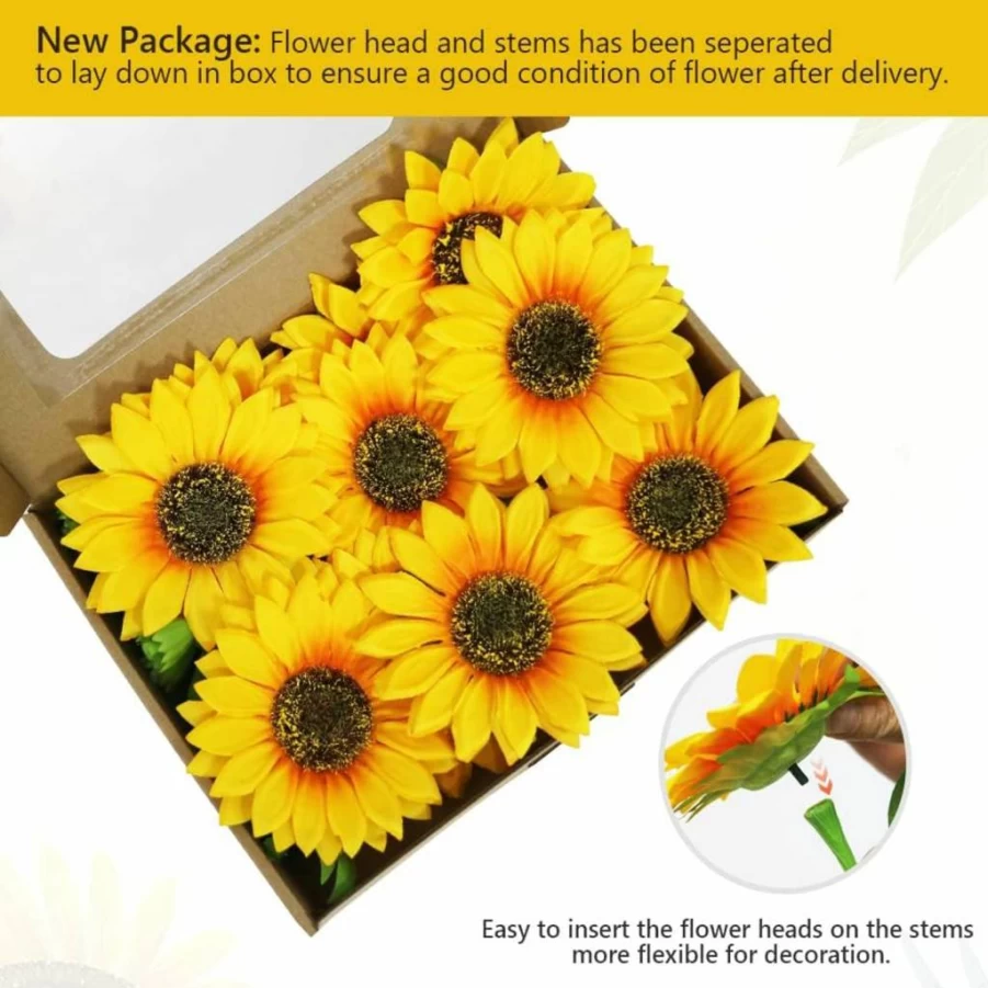 Olrla 10Pcs Artificial Sunflowers - Faux Silk Yellow Flowers for Wedding Bouquets, Floral Arrangements, Table Centerpieces, Home & Office Decor