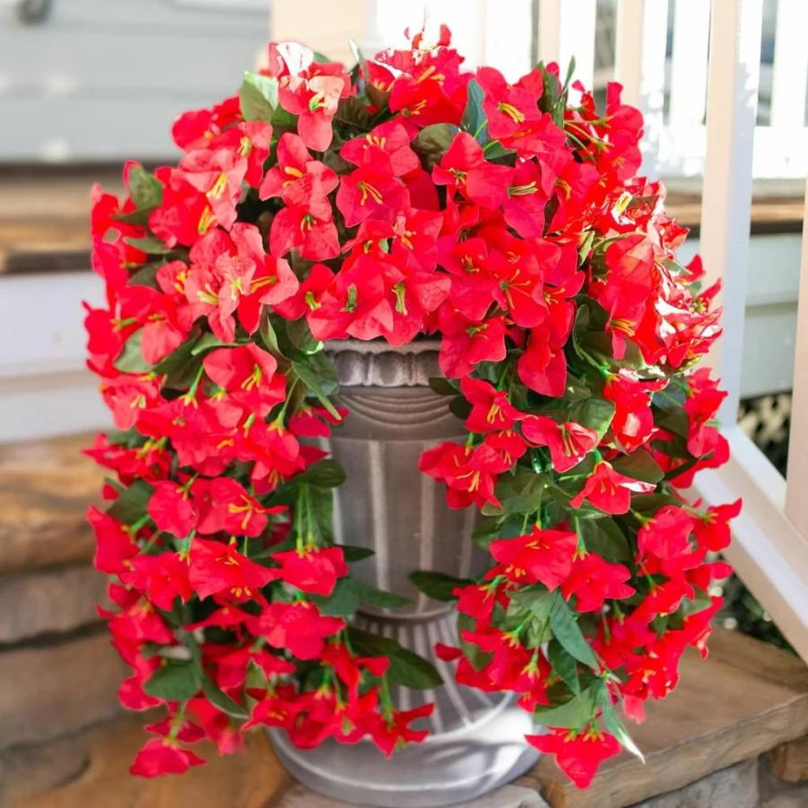 HyeFlora 2PCS Realistic UV Resistant Artificial Bougainvillea Hanging Flowers - Hot Pink Fake Silk Vines for Outdoor Porch, Patio, Planter, and Urn Decoration
