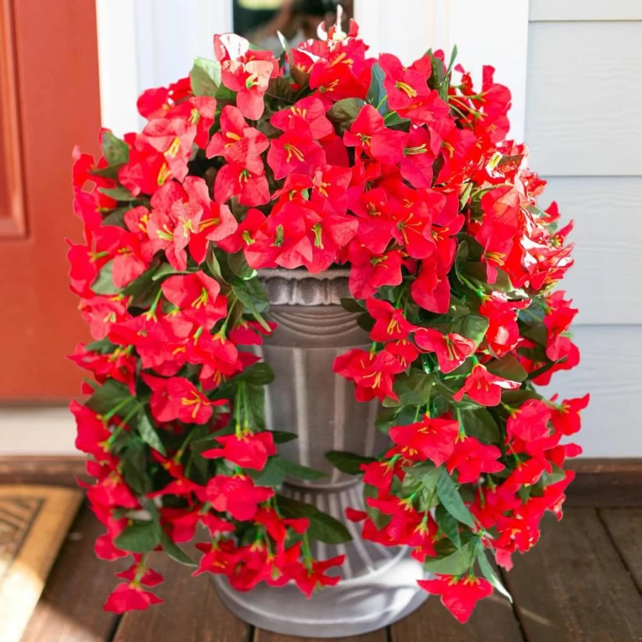HyeFlora 2PCS Realistic UV Resistant Artificial Bougainvillea Hanging Flowers - Hot Pink Fake Silk Vines for Outdoor Porch, Patio, Planter, and Urn Decoration