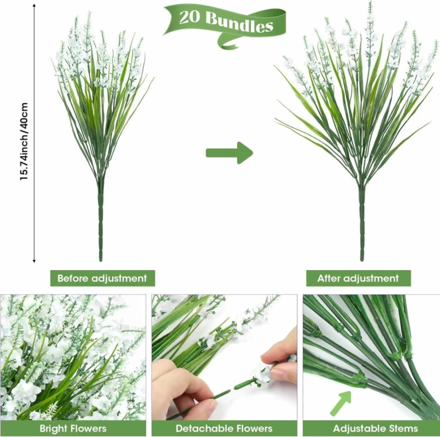 Besteek 20 Bundles Artificial Lavender Flowers UV Resistant Fake Plants for Indoor Outdoor Decor, Deep Purple Faux Silk Flowers for Garden Porch Table Home Office Wedding Decorations