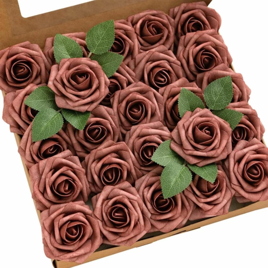 Ling's Moment 25Pcs Real Touch Artificial Purple Roses with Stems for Wedding Bouquets, Centerpieces, Table Decor, and DIY Floral Arrangements
