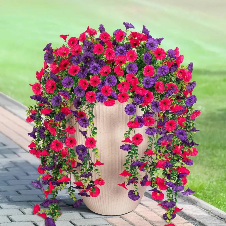 Hrobek 2PCS Artificial Hanging Flowers Outdoor, UV Resistant Fake Morning Glory Vine with Realistic Eucalyptus Leaves, Light Purple Faux Greenery for Patio Porch Garden Indoor Spring Decor