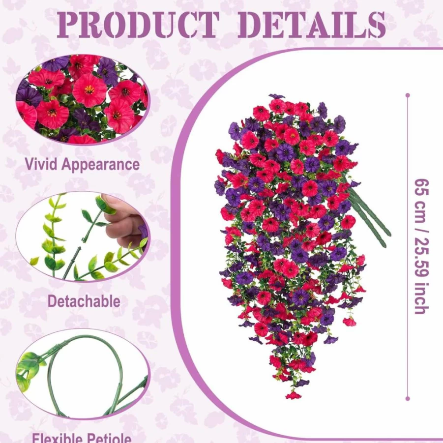 Hrobek 2PCS Artificial Hanging Flowers Outdoor, UV Resistant Fake Morning Glory Vine with Realistic Eucalyptus Leaves, Light Purple Faux Greenery for Patio Porch Garden Indoor Spring Decor