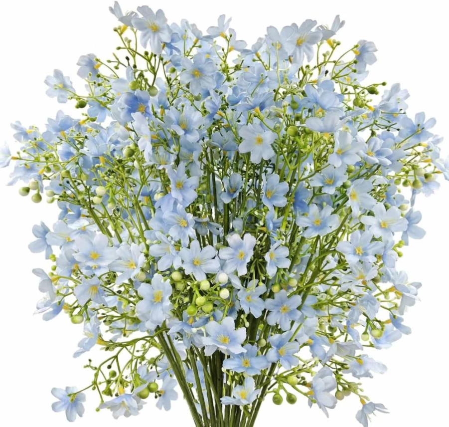 FOUSUKA 10 Pcs Artificial Silk Flowers Long Stem Fake Baby's Breath Bouquet for Tall Vase Wedding Party Decor Indoor Outdoor Table Centerpiece Blue Faux Floral Arrangement
