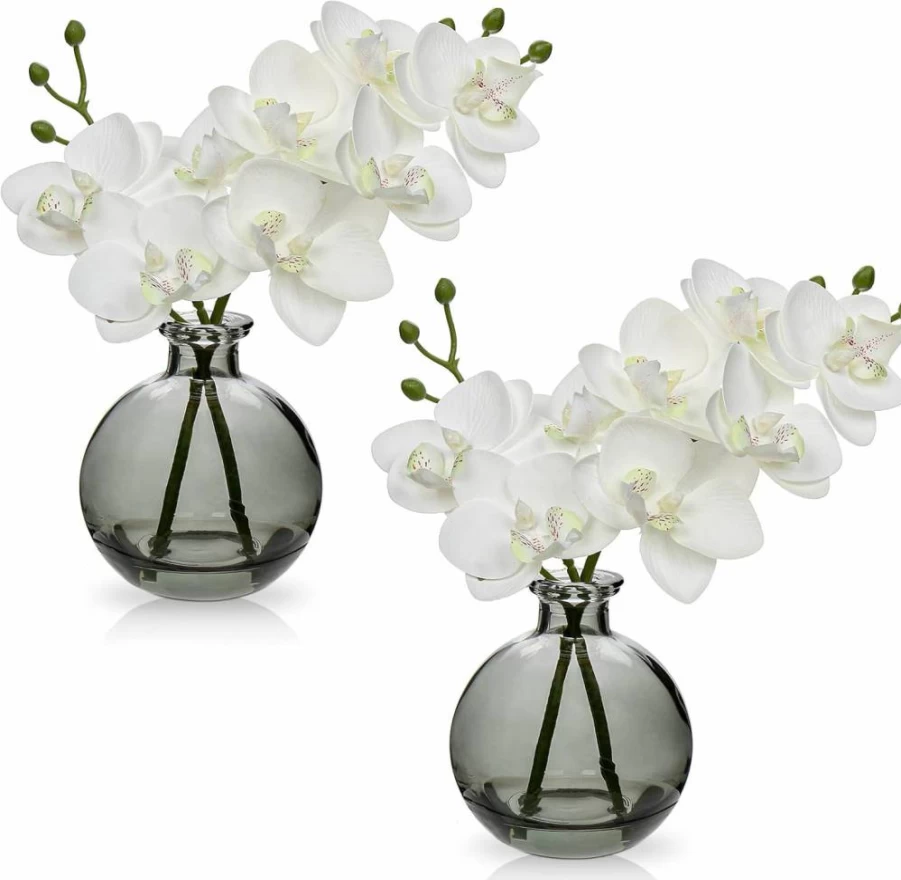 Oairse Set of 2 Real Touch White Phalaenopsis Artificial Orchids in Glass Vase - Faux Flower Arrangement for Dining Table Centerpiece