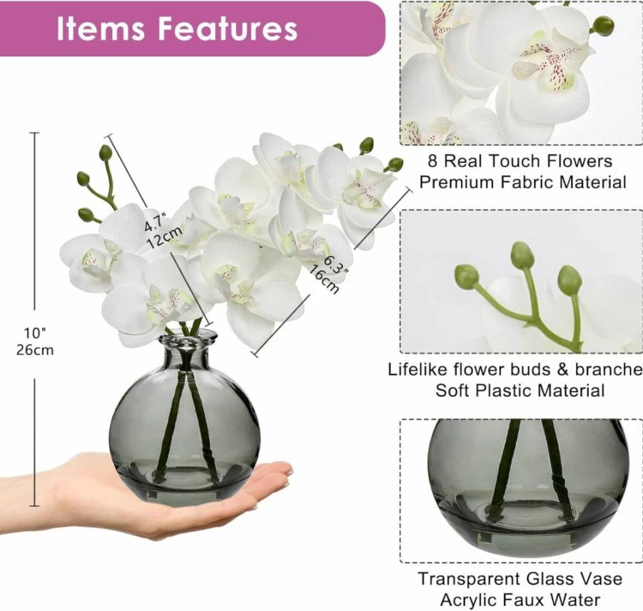 Oairse Set of 2 Real Touch White Phalaenopsis Artificial Orchids in Glass Vase - Faux Flower Arrangement for Dining Table Centerpiece