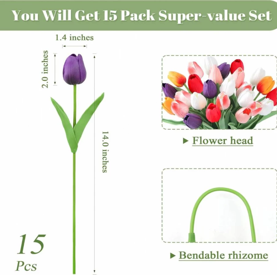 SITUMEIZI 15PCS Artificial Tulip Flowers 14" Real Touch Silk Fake Flowers for Spring Easter Wedding Bouquet Home Kitchen Decor Mother's Day Gift (Assorted Colors, 5 Styles)
