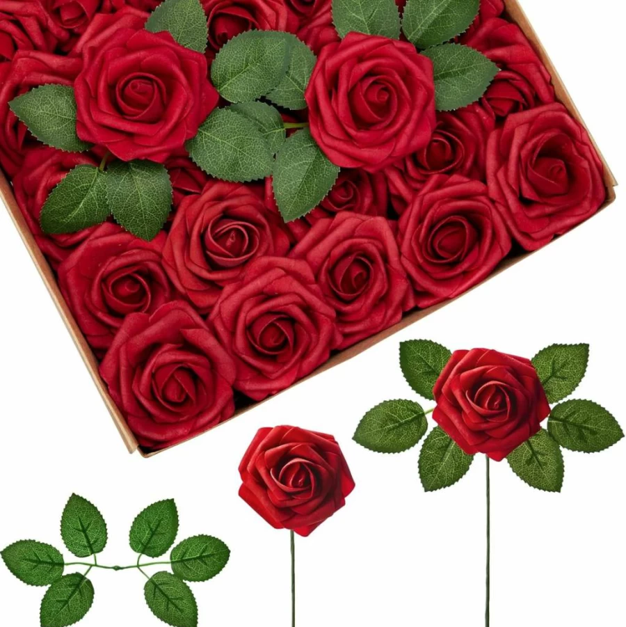 InnoGear 50 Pcs Dark Red Artificial Foam Roses with Stems for DIY Wedding Bouquets, Centerpieces, Bridal Shower, Christmas Decorations