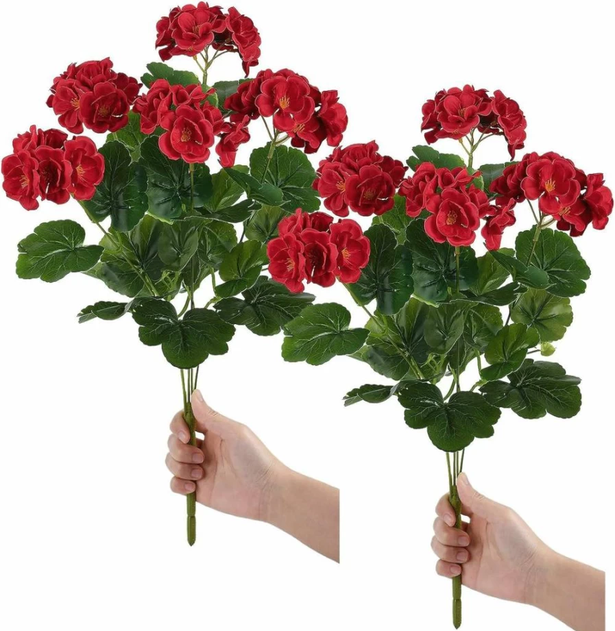 Alupssuc 6 Bundles UV Resistant Artificial Geranium Flowers for Outdoor & Indoor Decor, Red Faux Silk Plants for Home, Kitchen, Table, Spring Decoration