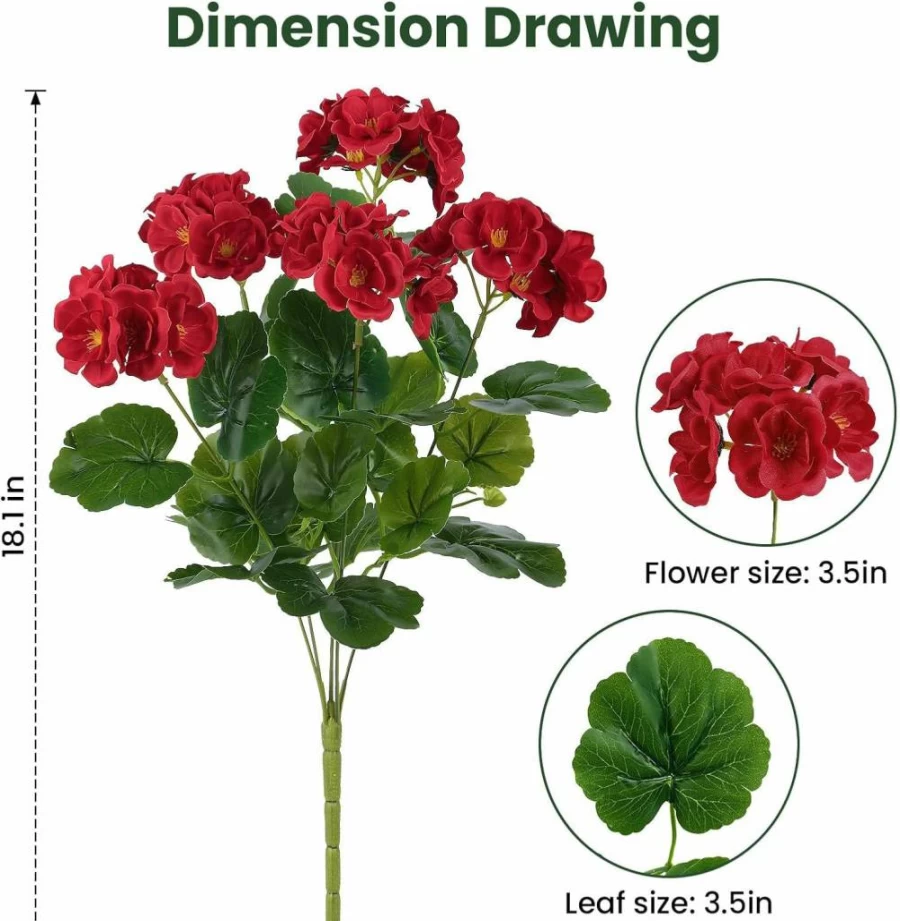 Alupssuc 6 Bundles UV Resistant Artificial Geranium Flowers for Outdoor & Indoor Decor, Red Faux Silk Plants for Home, Kitchen, Table, Spring Decoration