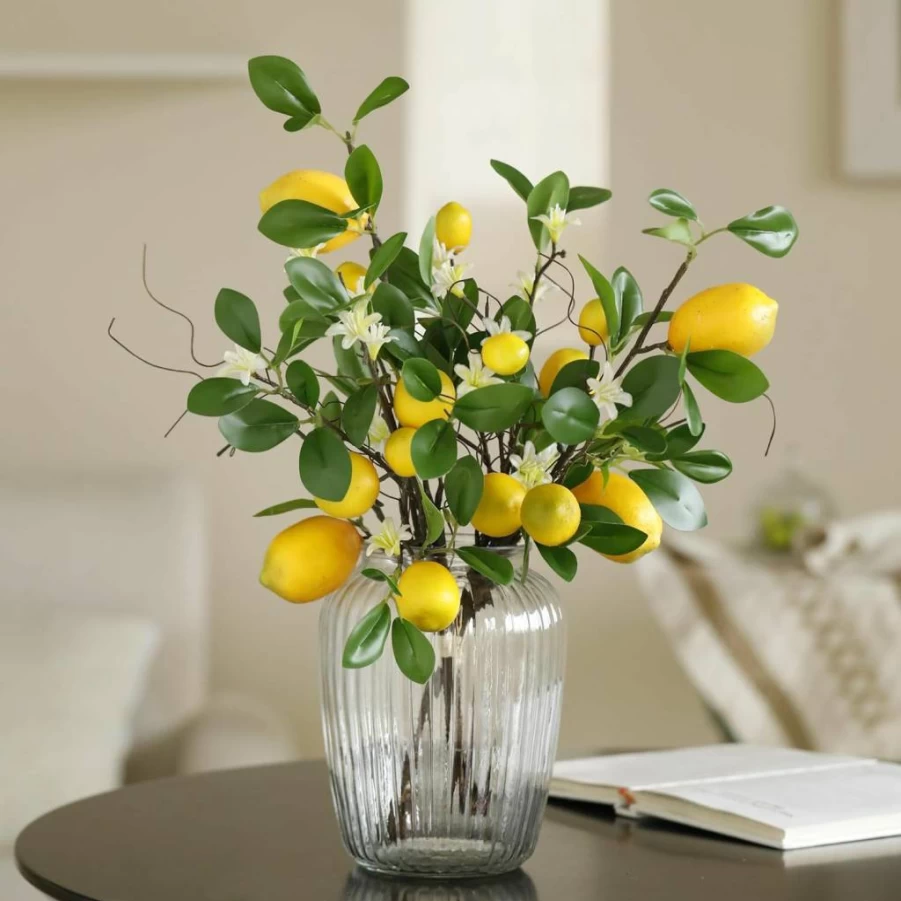 Laelfe Artificial Lemon Branches - 2 Bunches Faux Lemon Fruit with Stem, Realistic Fake Lemons for Kitchen, Farmhouse, and Home Decor (Yellow)