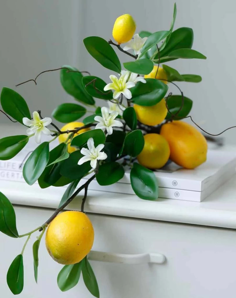 Laelfe Artificial Lemon Branches - 2 Bunches Faux Lemon Fruit with Stem, Realistic Fake Lemons for Kitchen, Farmhouse, and Home Decor (Yellow)