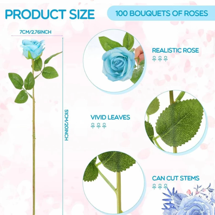 Jexine 100 White Artificial Silk Roses - Realistic Fake Flowers Bulk for Wedding, Home, Table Decor - Long Stem Bouquet Centerpiece Vase Decorations