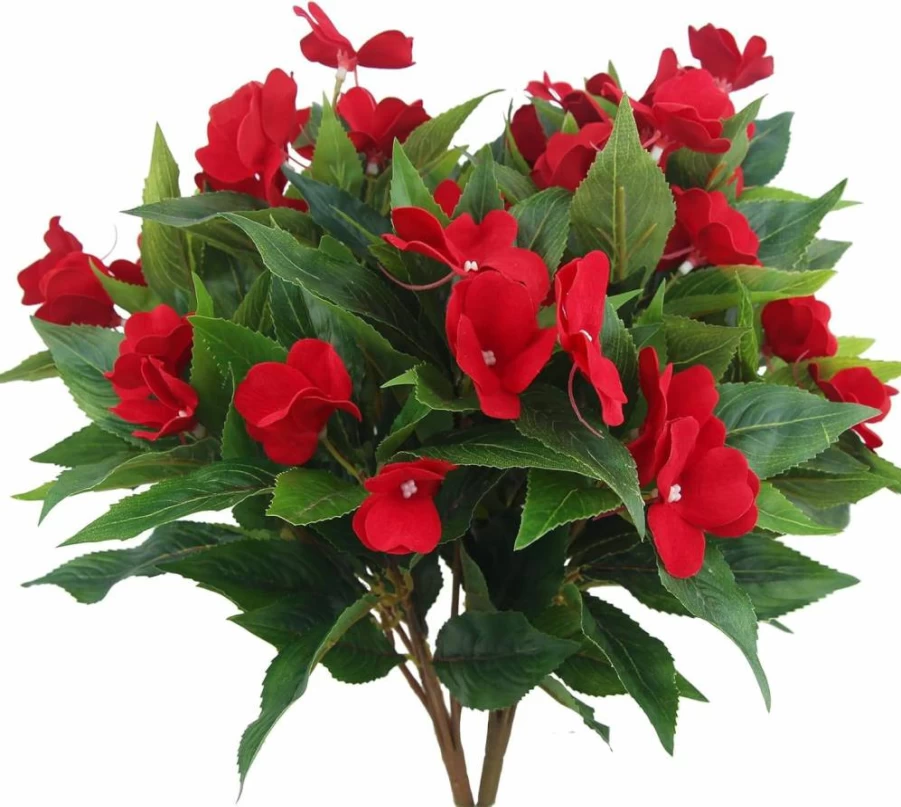 FAICOIA Artificial Impatiens Flowers - 2 Branches Pink Silk Faux Impatiens Bushes for Outdoor Garden, Patio, Hanging Basket, and Porch Decoration