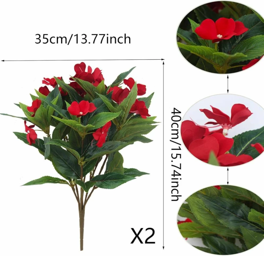 FAICOIA Artificial Impatiens Flowers - 2 Branches Pink Silk Faux Impatiens Bushes for Outdoor Garden, Patio, Hanging Basket, and Porch Decoration