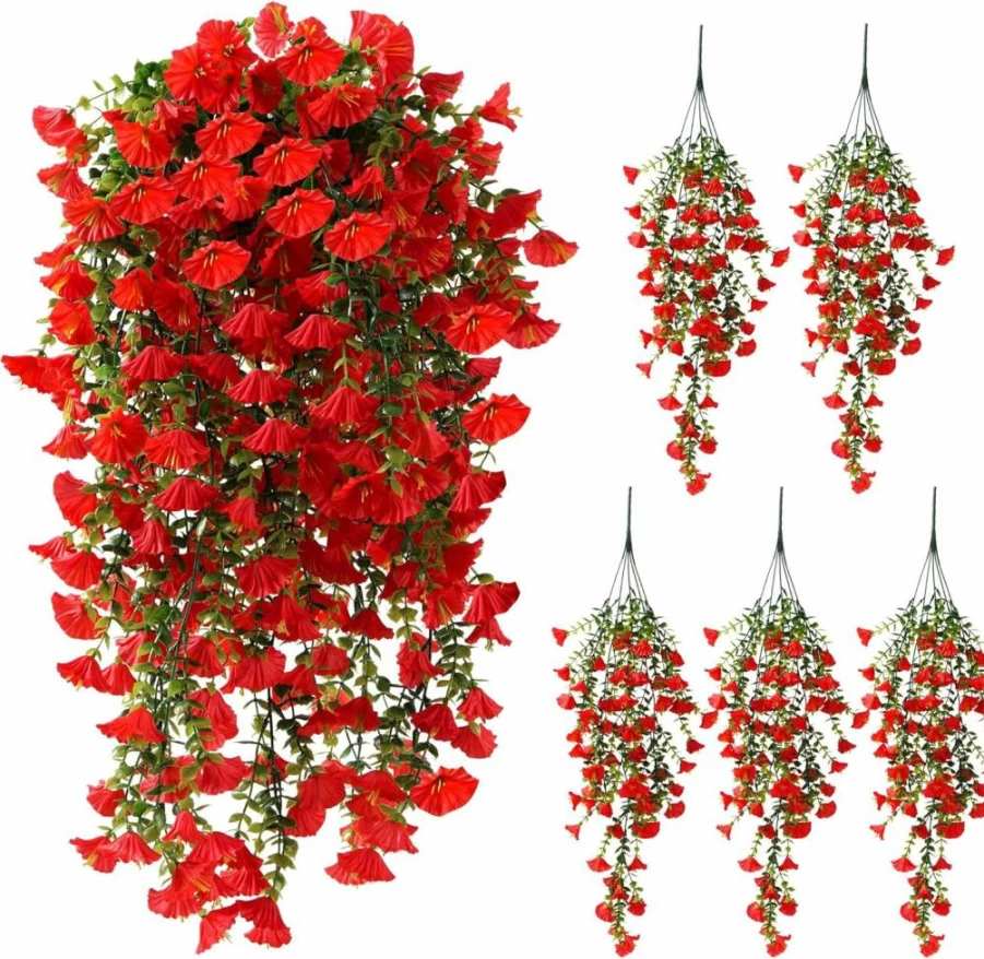 Fanfantoey 5Pcs Artificial Hanging Flowers for Outdoors, UV Resistant Fake Petunias & Morning Glory, Realistic Silk Vines for Indoor/Outdoor Planter, Porch, Patio, Home Decor Mix