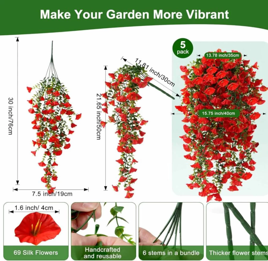 Fanfantoey 5Pcs Artificial Hanging Flowers for Outdoors, UV Resistant Fake Petunias & Morning Glory, Realistic Silk Vines for Indoor/Outdoor Planter, Porch, Patio, Home Decor Mix