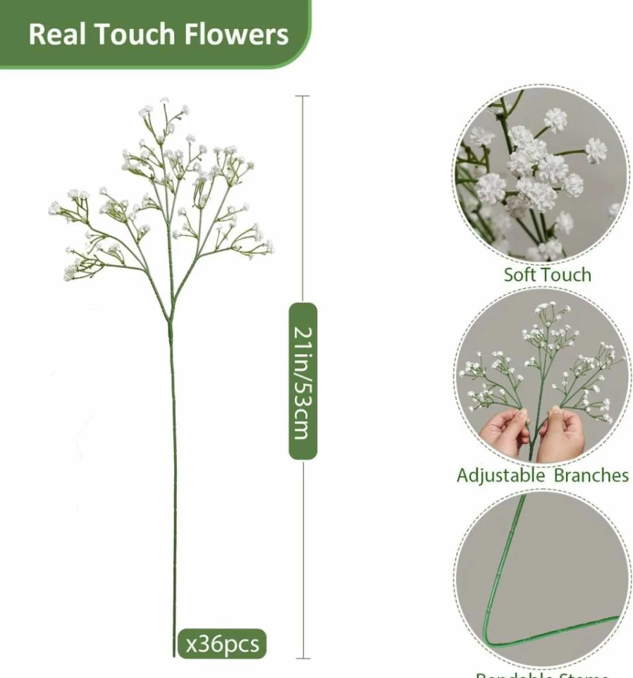 Cherica 36 Pcs White Artificial Baby Breath Flowers, Long Stem Faux Gypsophila Bulk for Wedding, Home, Party Decoration