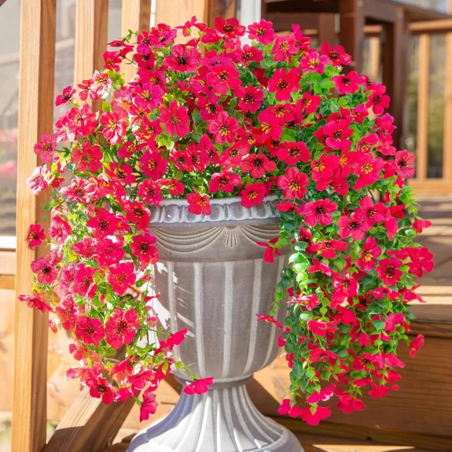 INSPRING 2 Pack Artificial Faux Hanging Violets with Eucalyptus, UV Resistant Fake Silk Flowers for Outdoor Planter, Balcony, Porch, Patio Decor, Realistic Purple Pink Daisy Trailing Vines