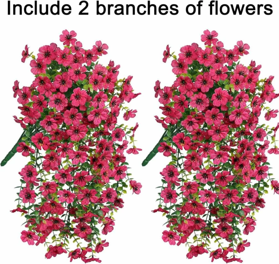 INSPRING 2 Pack Artificial Faux Hanging Violets with Eucalyptus, UV Resistant Fake Silk Flowers for Outdoor Planter, Balcony, Porch, Patio Decor, Realistic Purple Pink Daisy Trailing Vines