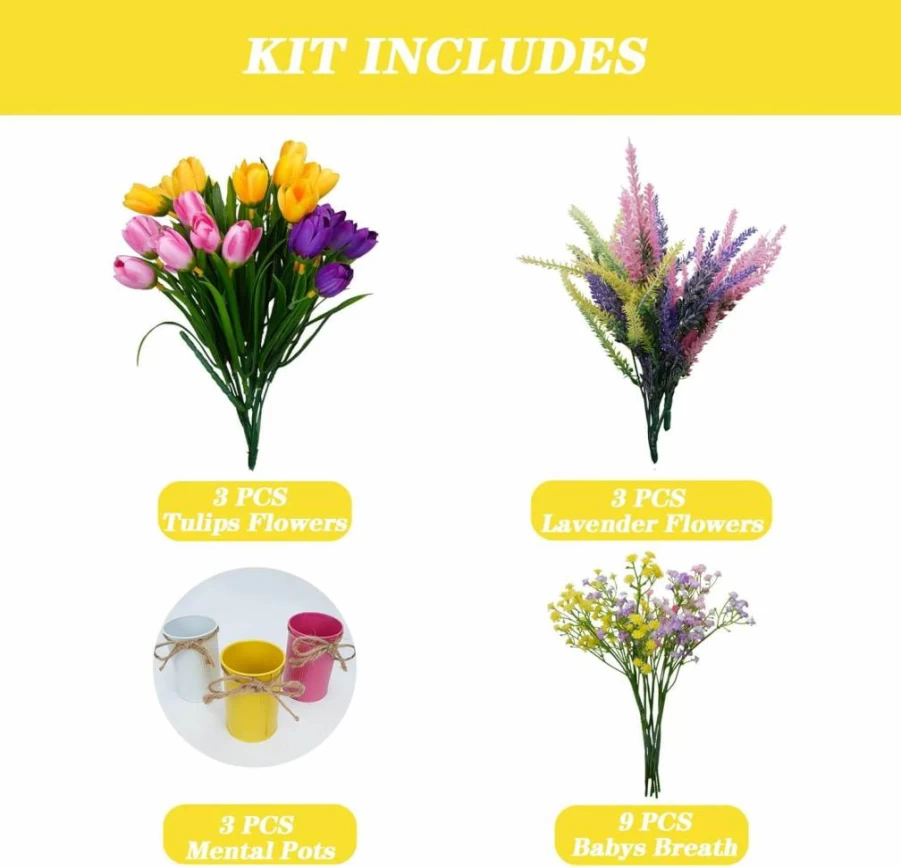AILANDA 3-Pack Artificial Tulips in Vase with Metal Pot, Fake Flowers Mix Baby's Breath & Lavender for Home Office Desk Dining Table Decor