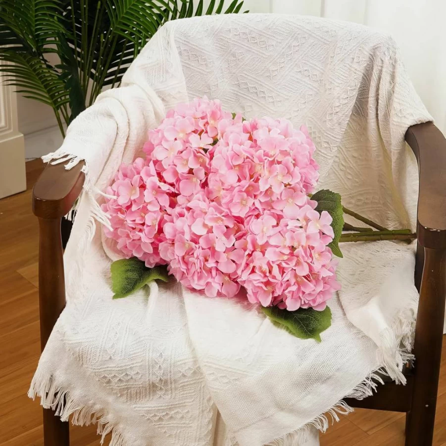 BonBloom's 5Pcs Artificial Hydrangea Flowers, 20Inch Silk Fake Hydrangeas with Lifelike Stems & Leaves, Realistic Floral Decor for Wedding Centerpieces, Vase Bouquets, Indoor Party Decorations