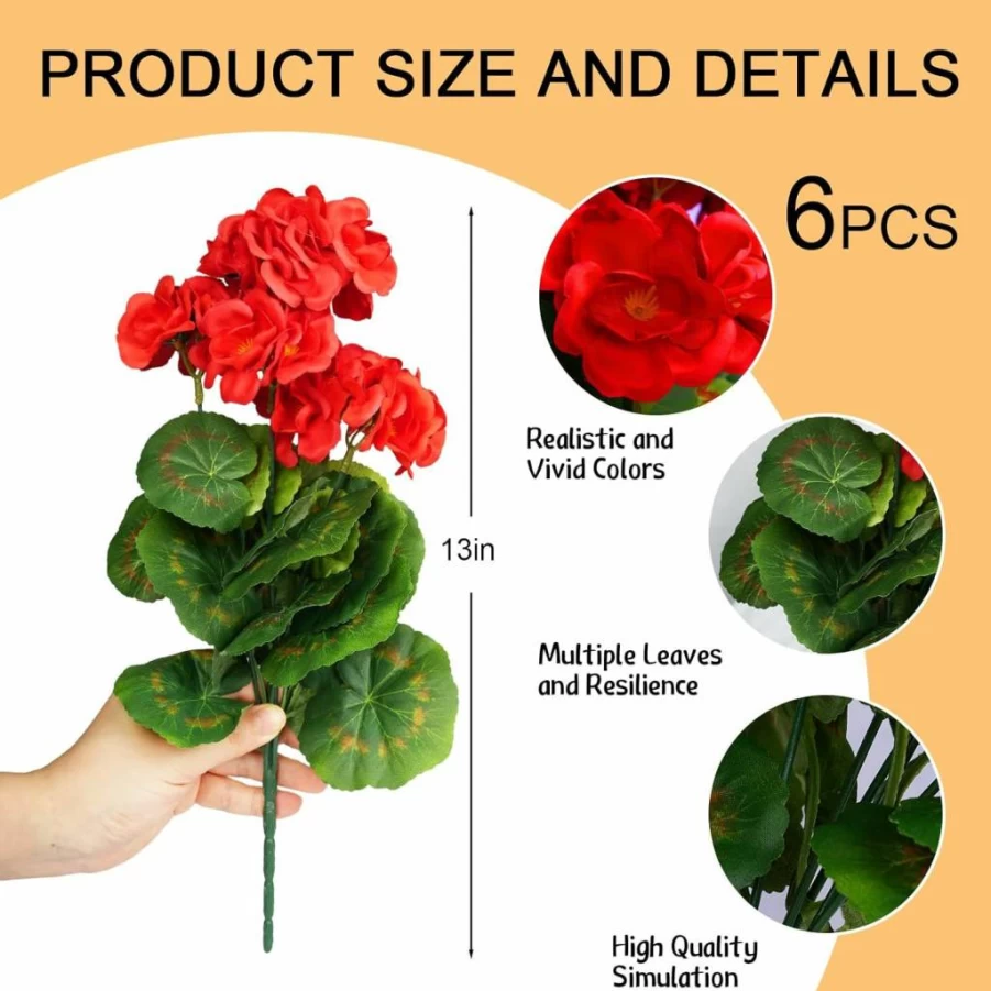 MERIXMAS 6 Pack UV Resistant Artificial Geranium Flowers for Outdoor Decor, Realistic Faux Plants for Garden, Patio, Porch, Window Box, Indoor Outdoor Use (Red)