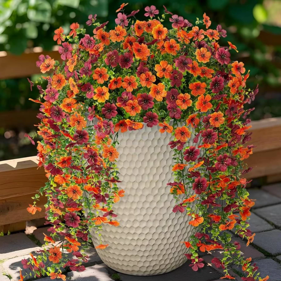 Ammyoo 2 Pack Red Silk Daisy Hanging Flowers - UV Resistant Artificial Outdoor Decor for Porch, Patio, Window & Yard - Realistic Faux Plants for Spring Summer Decoration