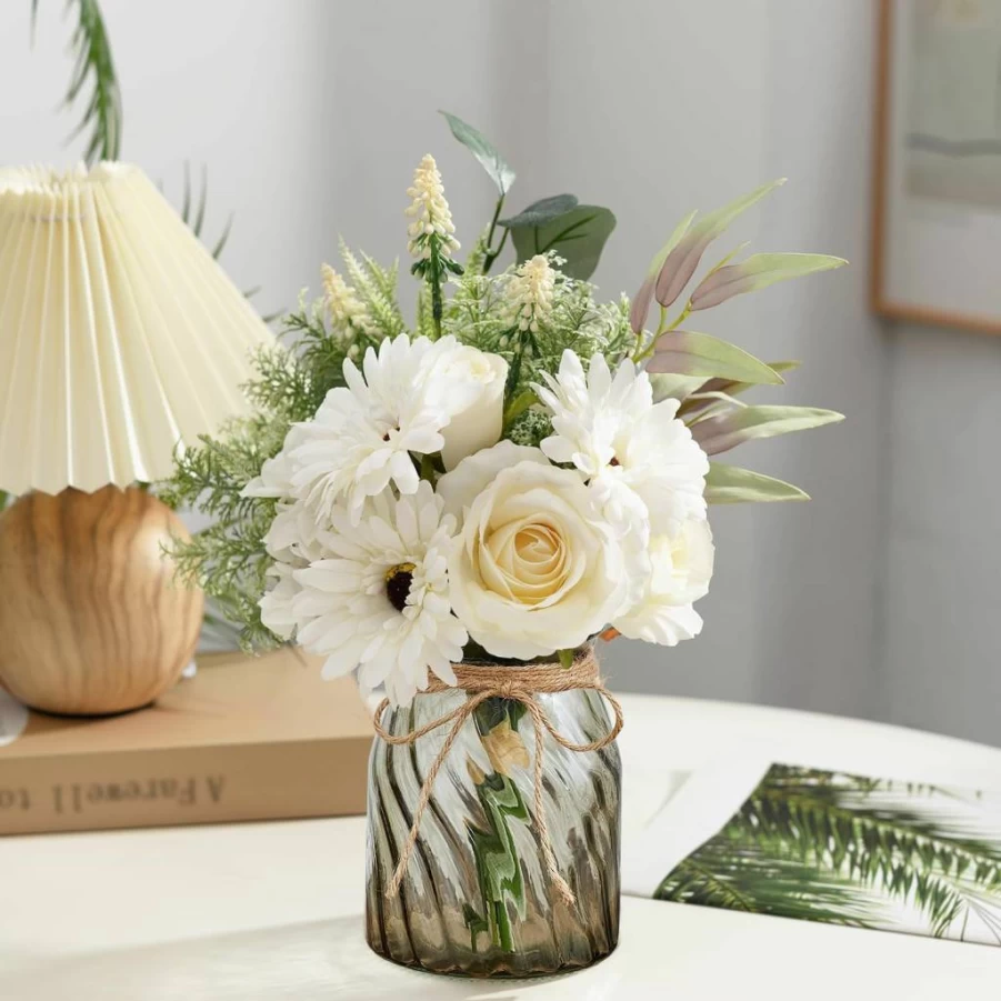 COZZI CODI Artificial Sunflowers in Vase - Faux Silk Flowers for Home, Office, Kitchen, Dining Table & Farmhouse Decor