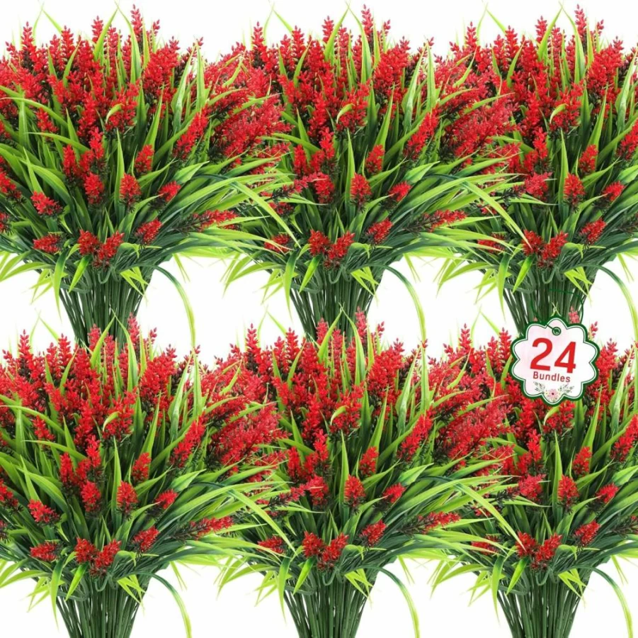 Ouddy Decor 24 Bundles UV Resistant Artificial Lavender Flowers for Outdoor Garden, Porch, Window Box, and Home Decor - Mixed Faux Plants