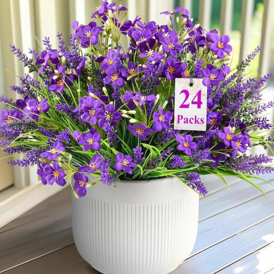 Alupssuc 24 Bundles UV Resistant Artificial Lavender & Orchid Flowers, Faux Silk Plants for Outdoor/Indoor Decor, Home Garden Porch Patio Yard Spring Summer Decoration, Purple Fake Plants