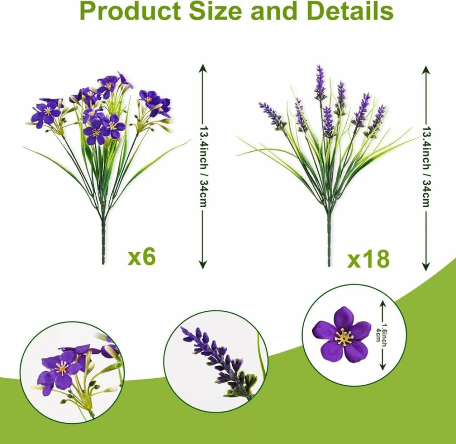 Alupssuc 24 Bundles UV Resistant Artificial Lavender & Orchid Flowers, Faux Silk Plants for Outdoor/Indoor Decor, Home Garden Porch Patio Yard Spring Summer Decoration, Purple Fake Plants