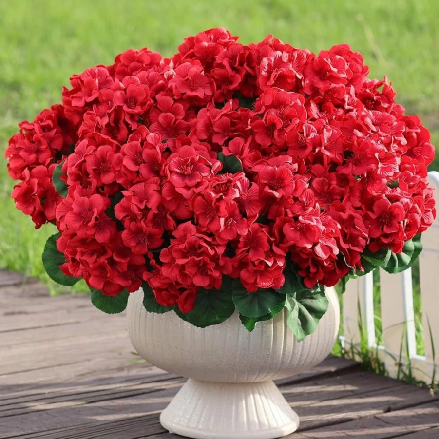 Juxdp 18" Artificial Geranium Flowers Outdoor UV Resistant Fake Silk Plants for Front Door Planter, Garden, Balcony, Porch Decor - Red (8 Bundles)