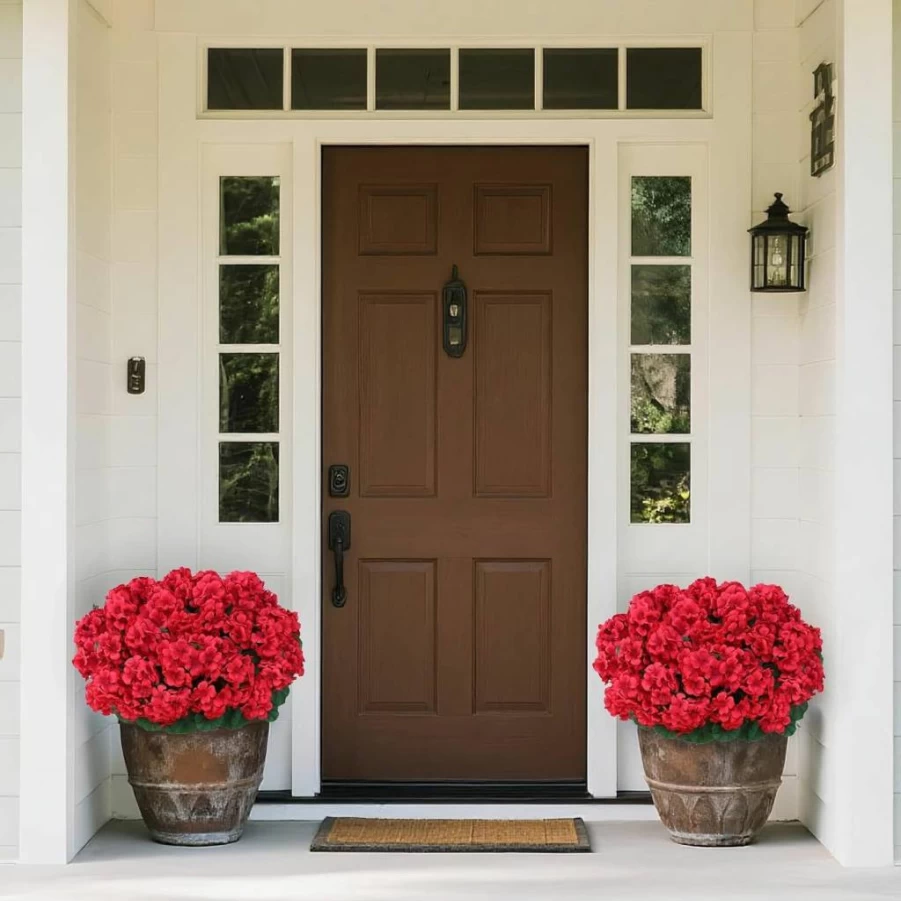 Juxdp 18" Artificial Geranium Flowers Outdoor UV Resistant Fake Silk Plants for Front Door Planter, Garden, Balcony, Porch Decor - Red (8 Bundles)