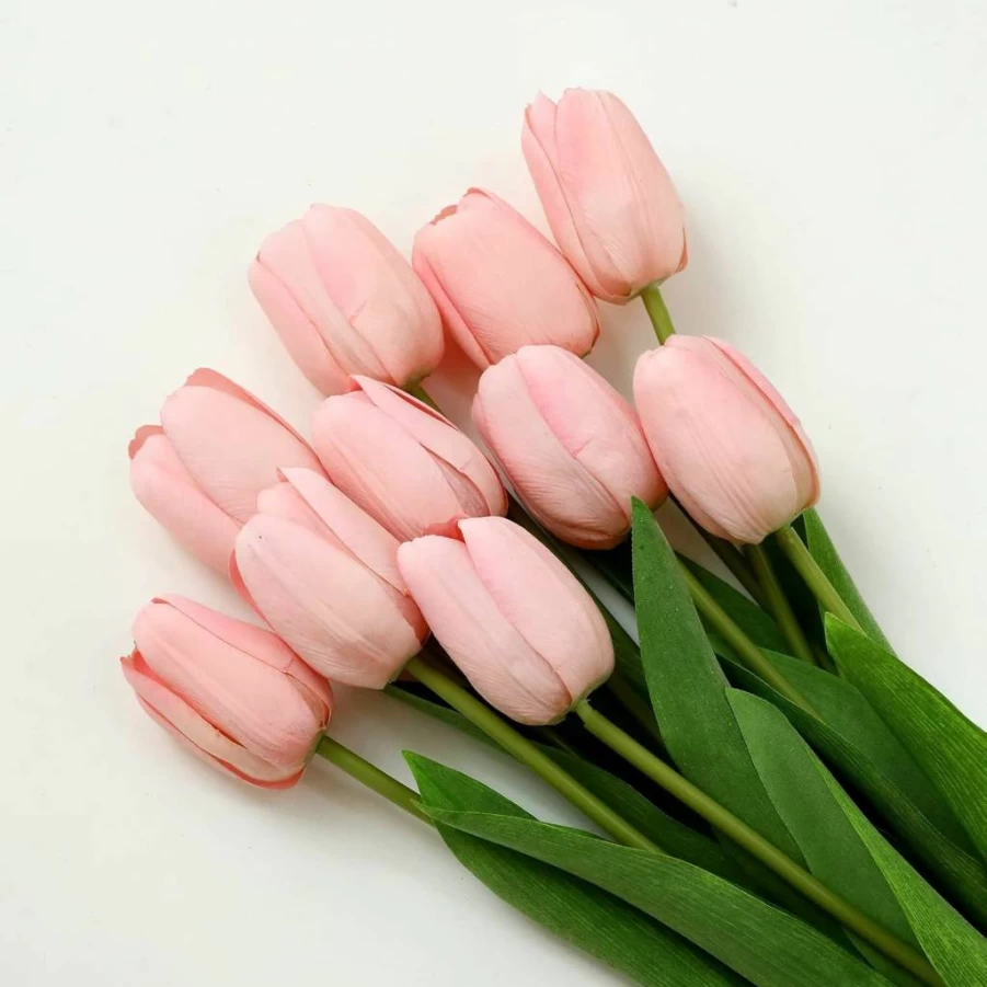 Dallisten 10Pcs Artificial Yellow Tulips Silk Flowers with Long Stems & Green Leaves for Vase, Wedding, Party, Home, Office Decor