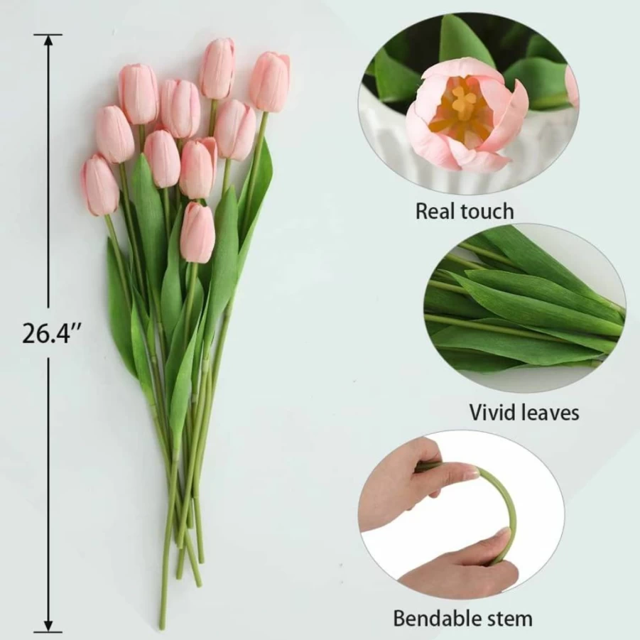 Dallisten 10Pcs Artificial Yellow Tulips Silk Flowers with Long Stems & Green Leaves for Vase, Wedding, Party, Home, Office Decor