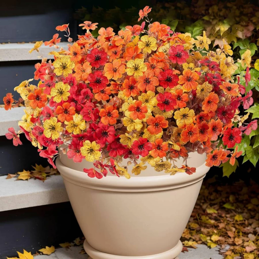 Ammyoo Artificial Daisy Flowers with Realistic Eucalyptus Leaves - Outdoor Fake Plants for Garden, Porch, Patio Decor (Orange, Brown, Yellow)