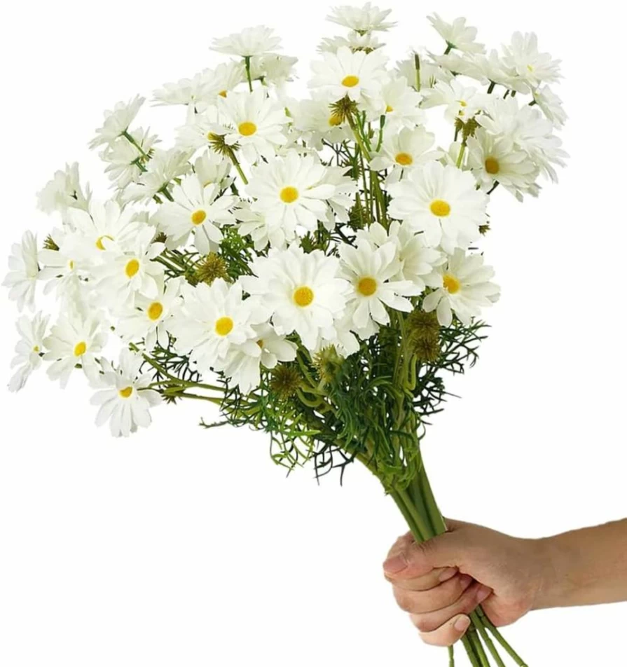 XIYUAN 15 Bundles White Artificial Daisy Flowers UV Resistant Fake Wildflowers with Stems for Outdoor Wedding Home Garden Decor