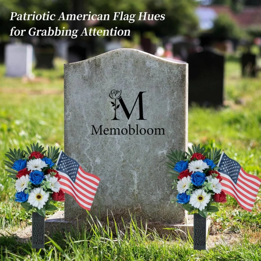 Memobloom Patriotic Memorial Day Cemetery Flowers - 2 Pack Artificial Red White Blue Roses with American Flag Vase for Veterans Graves - Durable Outdoor Grave Decorations