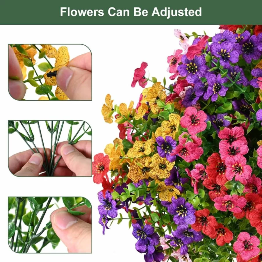 Trytuny 20-Pack UV Resistant Artificial Flowers for Outdoor & Indoor Use, Realistic Faux Silk Plants for Porch, Patio, Window Box, Planter Home Decor in Yellow, Purple, Pink, Red